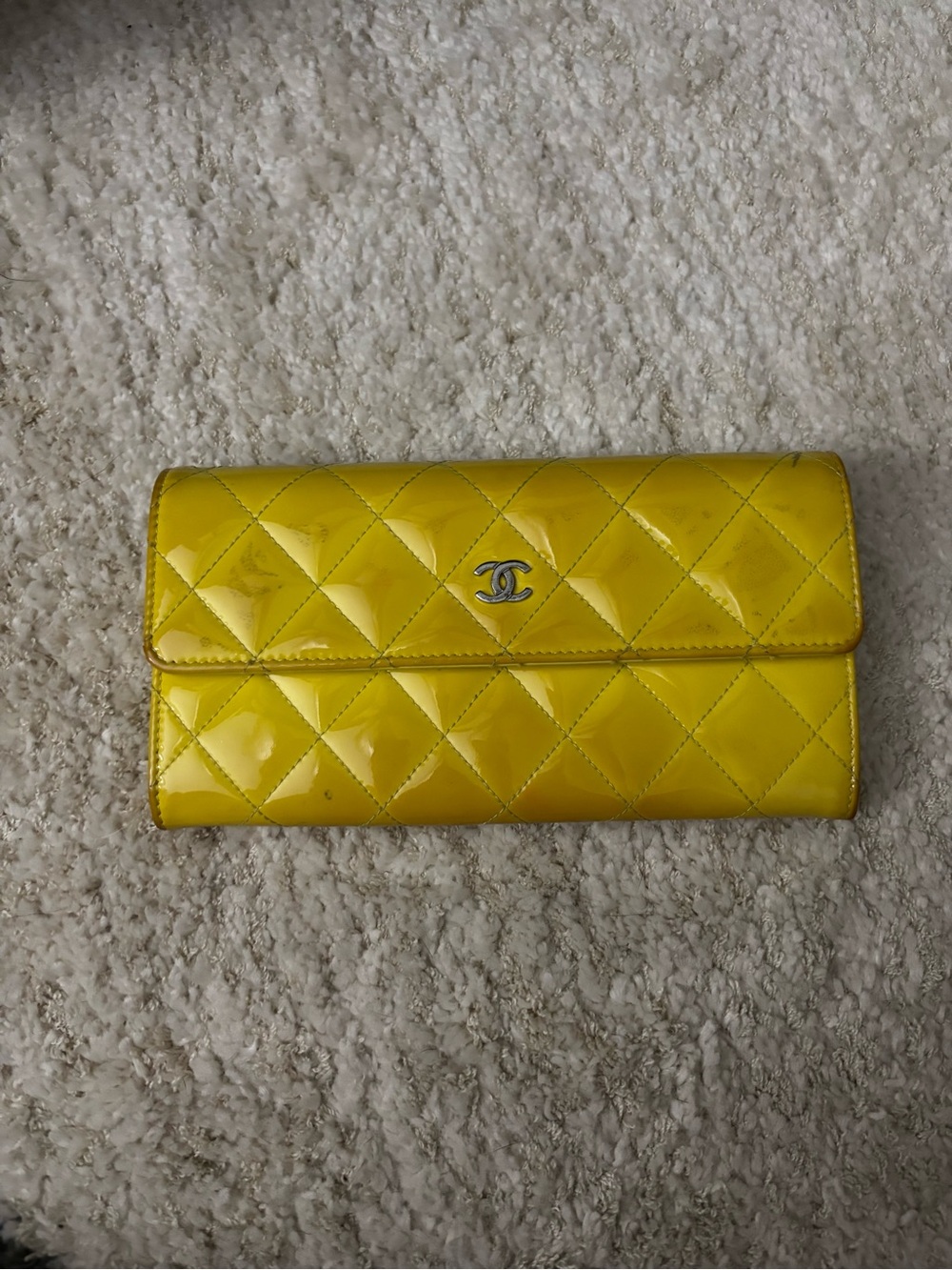 CHANEL Yellow Quilted Patent Leather Wallet with CC Logo